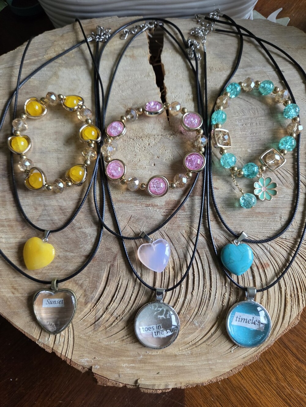 Handcrafted Set Of 9 , Bracelets, Stone Hearts & Cabochones.